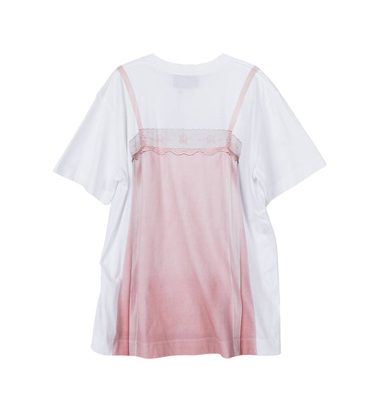 SATIN SLIP DRESS TROMPE L'OEIL PRINT T-SHIRT WHITE/SOFT PINK