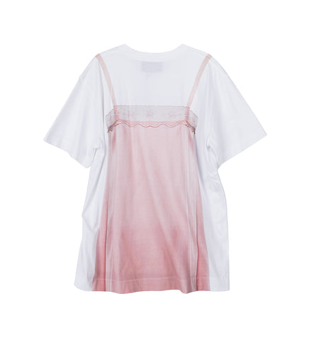 SATIN SLIP DRESS TROMPE L'OEIL PRINT T-SHIRT WHITE/SOFT PINK