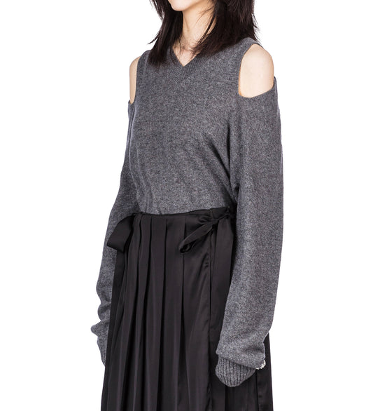 RELAXED CASHMERE SLASH V-NECK JUMPER W/ EMB GREY/PEARL/CLEAR