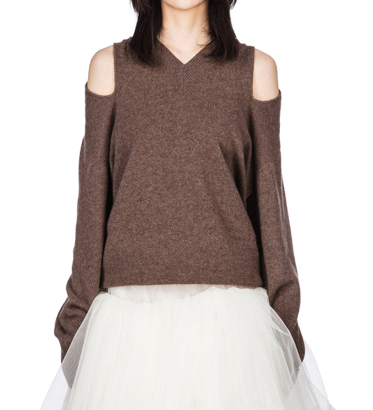 RELAXED CASHMERE SLASH V-NECK JUMPER W/ EMB PEAT/JET