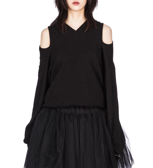 RELAXED CASHMERE SLASH V-NECK JUMPER W/ EMB BLACK/JET