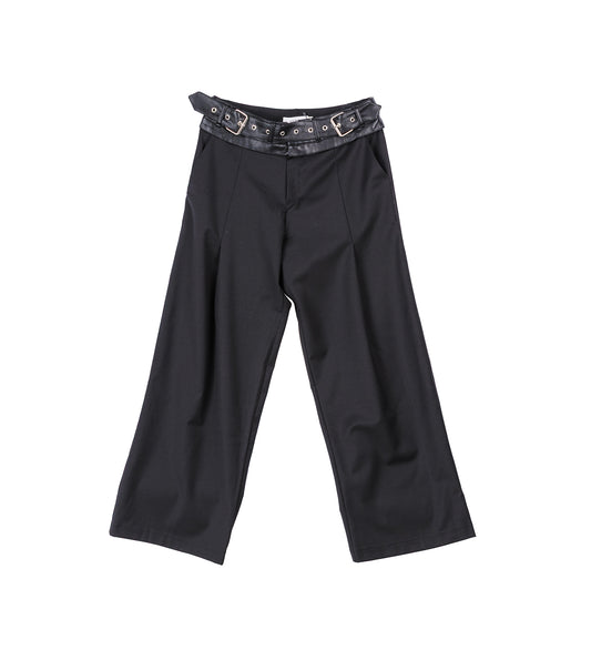 DOUBLE LEATHER BELT PLEATED TROUSERS V1 BLACK