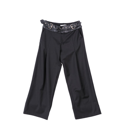 DOUBLE LEATHER BELT PLEATED TROUSERS V1 BLACK