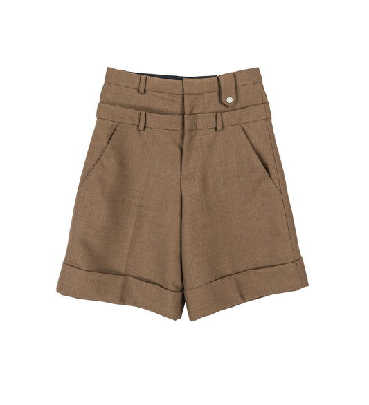 DOUBLE WAIST WOOL SHORT BROWN
