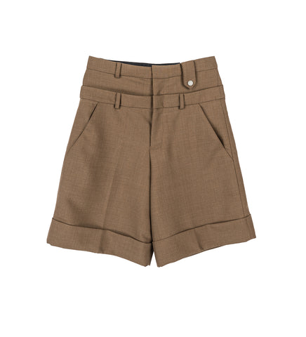 DOUBLE WAIST WOOL SHORT BROWN