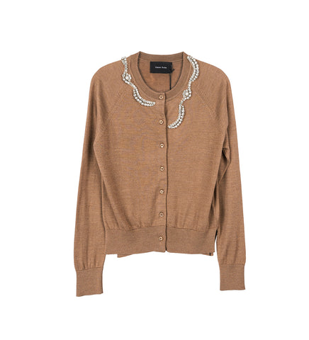 CLASSIC MERINO SILK CARDIGAN W/ TURBO EMB CHESTNUT/PEARL/CLEAR