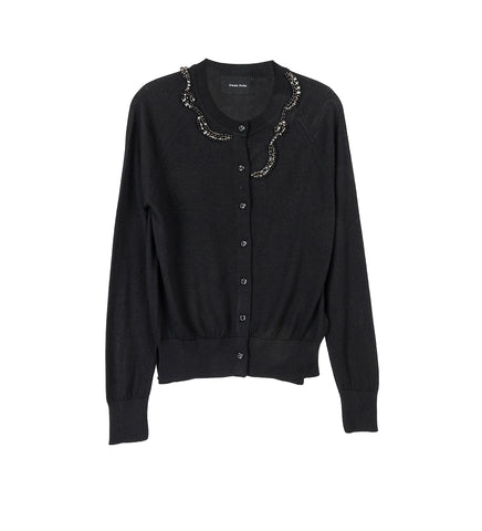 CLASSIC MERINO SILK CARDIGAN W/ TURBO EMB BLACK/JET