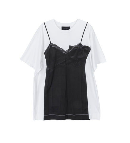 BOW SASH SLIP DRESS TROMPE L'OEIL PRINT T-SHIRT WHITE/BLACK