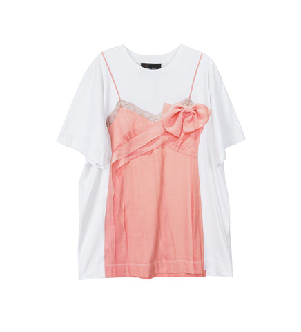 BOW SASH SLIP DRESS TROMPE L'OEIL PRINT T-SHIRT WHITE/CLEMENTINE