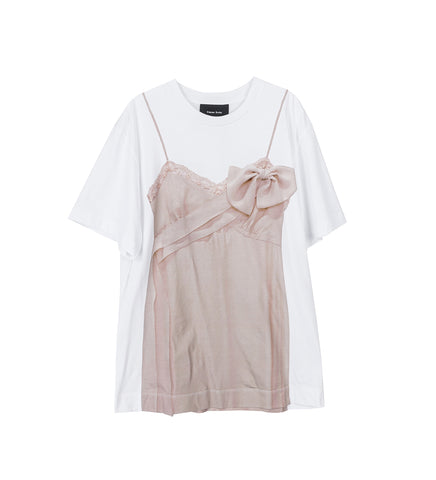 BOW SASH SLIP DRESS TROMPE L'OEIL PRINT T-SHIRT WHITE/NUDE