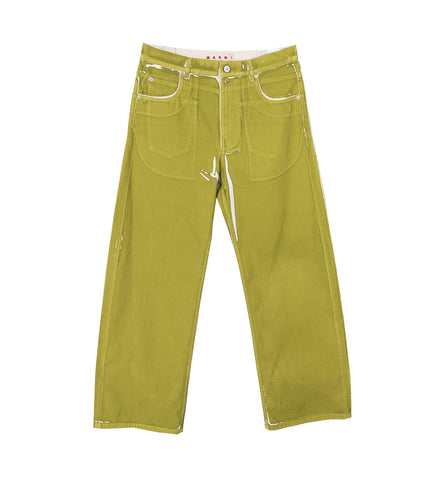 SCREEN PRINTED DENIM WIDE LEG PANTS GREEN