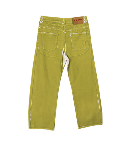 SCREEN PRINTED DENIM WIDE LEG PANTS GREEN
