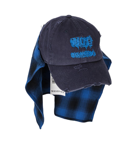 DISTRESSED EMBROIDERED BASEBALL HAT FLANNEL FLAP BLUE