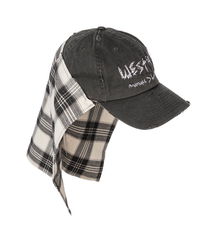 DISTRESSED BASEBALL HAT WITH FLANNEL FLAP BLACK
