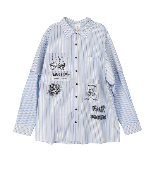 BUTTON DOWN SHIRT WITH PATCHES AND LAYERED SLEEVE BLUE