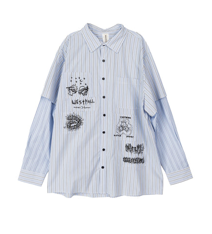 BUTTON DOWN SHIRT WITH PATCHES AND LAYERED SLEEVE BLUE