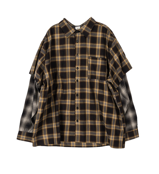 BUTTON DOWN PLAID SHIRT WITH LAYERED SLEEVE BROWN