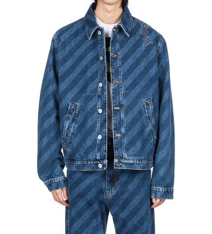 LASER PRINTED DENIM TRUCKER INDIGO