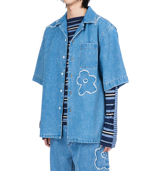 DILLIES PATCH DETAIL BOWLING SHORTSLEEVE SHIRT LIGHT INDIGO