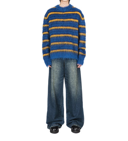 MOHAIR CREW NECK STRIPE JUMPER BLUE/YELLOW