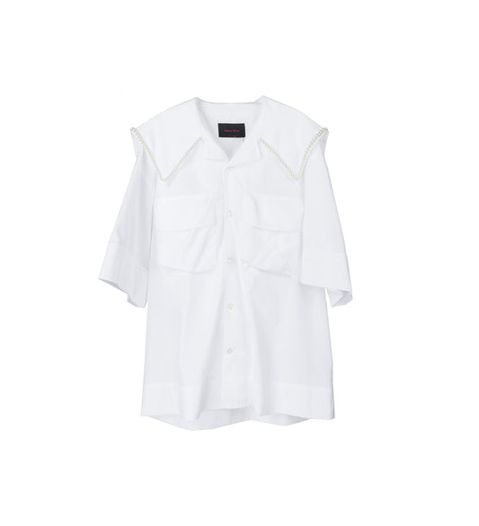CARGO FLAP POCKET SAILOR COLLAR BOXY SHIRT WHITE/PEARL