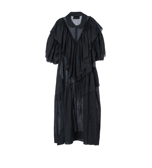 RUFFLE DETAIL PETAL SLEEVE DRESS BLACK