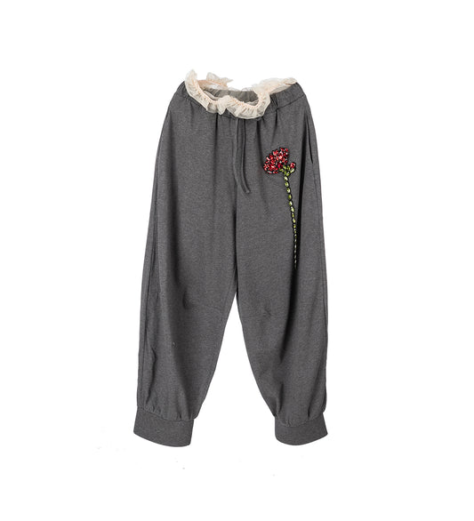 EXPOSED FRILLY BRIEF DRAWSTRING JOGGERS CHARCOAL/BLACK/RED MULTI
