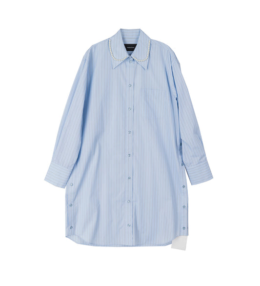 LONG MASCULINE BUTTON PLACKET SHIRT BLUE/BROWN STRIPE