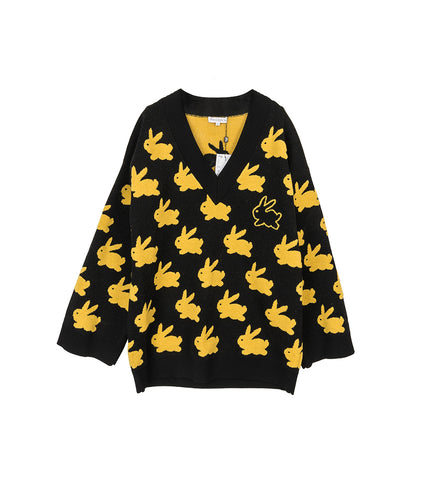 BUNNY JACQUARD V NECK JUMPER BLACK/YELLOW