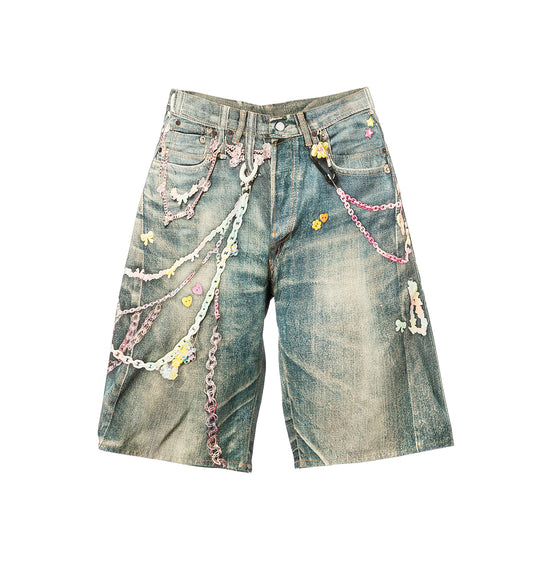 DENIM KEYCHAINS TROMPE L’OEIL PRINT SHORTS MID BLUE