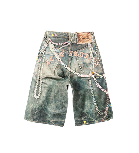 DENIM KEYCHAINS TROMPE L’OEIL PRINT SHORTS MID BLUE