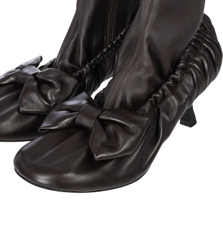 LEATHER BOW ANKLE BOOTS DARK BROWN