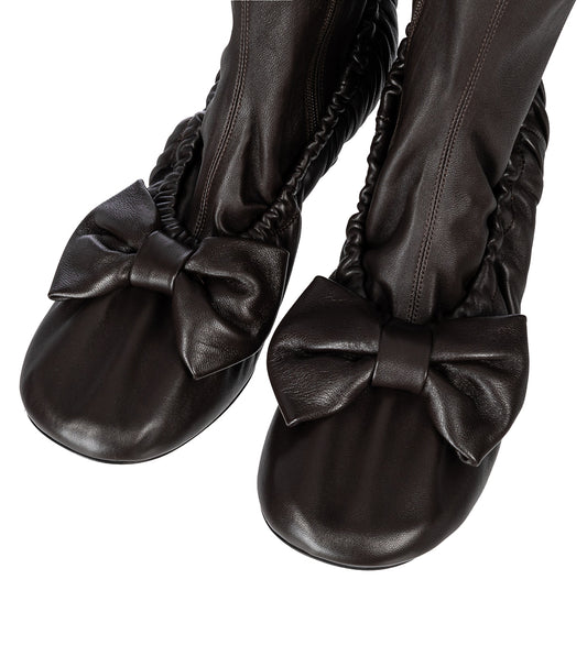 LEATHER BOW ANKLE BOOTS DARK BROWN