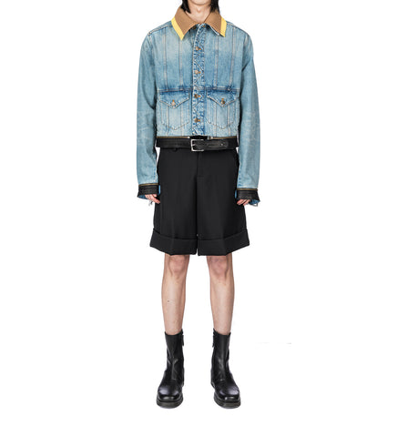 LEATHER STRAP DENIM JACKET SEMI WASHED DENIM