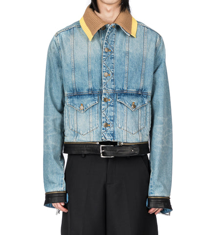 LEATHER STRAP DENIM JACKET SEMI WASHED DENIM