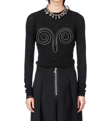 MESH LONG SLEEVES TOP WITH "SPIRAL" EMBELLISHMENT BLACK