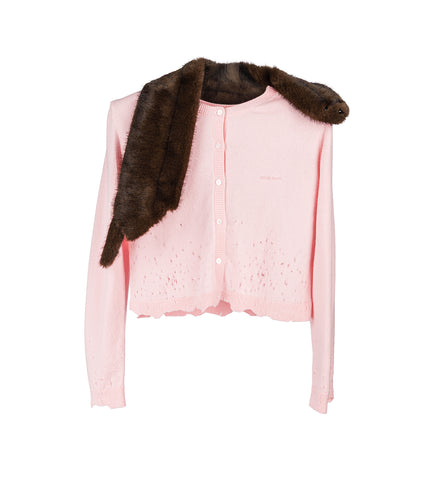 FAUX FUR TIPPET DISTRESSED CARDIGAN PINK/BROWN
