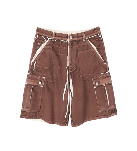 SCREEN PRINTED DENIM CARGO SHORTS BROWN