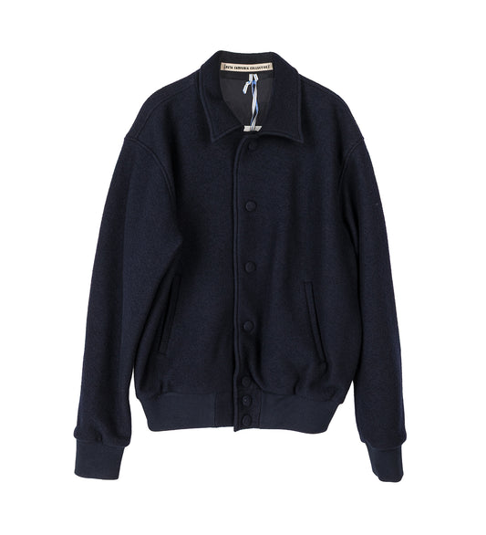 ELIO BOILED WOOL VARSITY BOMBER JACKET MIDNIGHT BLUE
