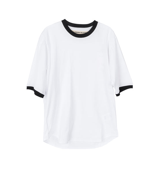 LUCY CURVED HEM FITTED T SHIRT WHITE+BLACK TRIMS