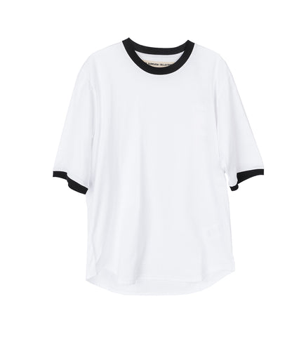 LUCY CURVED HEM FITTED T SHIRT WHITE+BLACK TRIMS