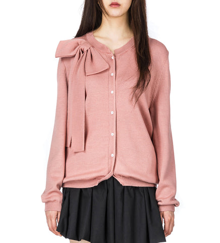 CLASSIC FRENCH KNITTED MERINO BOW CARDIGAN ROSE