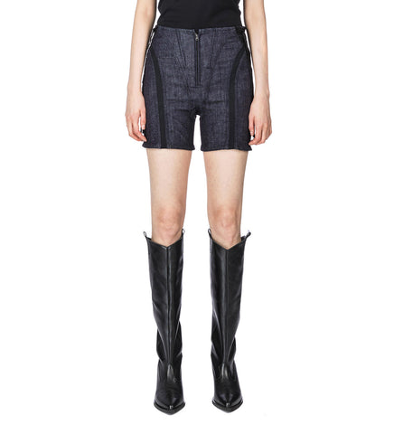 MESH LACED-UP RAW DENIM SHORTS BLACK