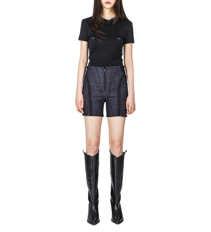 MESH LACED-UP RAW DENIM SHORTS BLACK