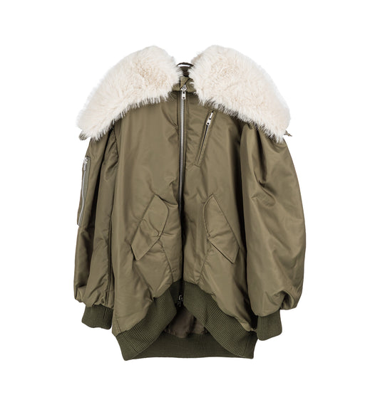 OVERSIZED SPLIT FAUX FUR HOOD BOMBER JACKET KHAKI/BLONDE