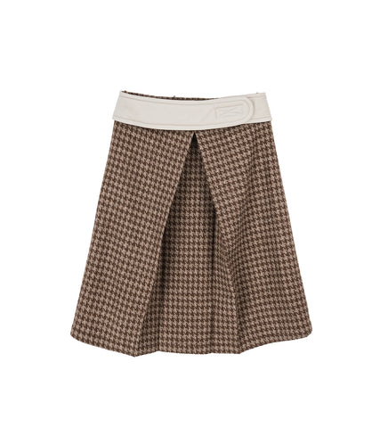 HOUNDSTOOTH BELT KICK PLEAT SKIRT BROWN