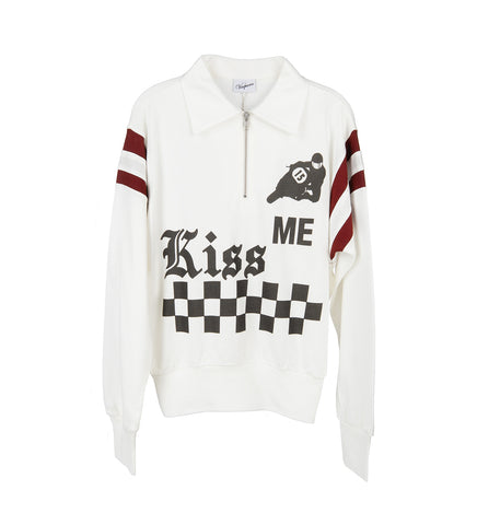 KISS ME QUARTER ZIP PULLOVER OFF WHITE RED