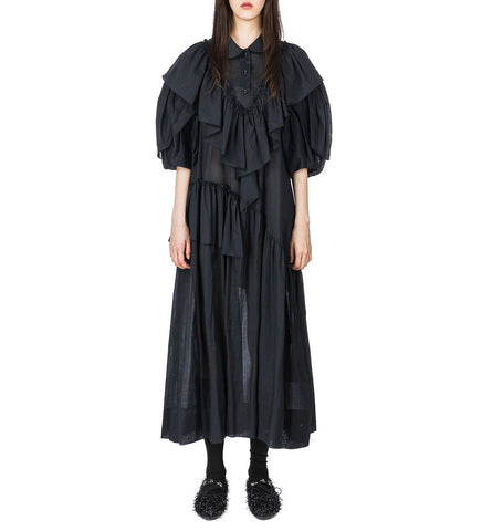 RUFFLE DETAIL PETAL SLEEVE DRESS BLACK
