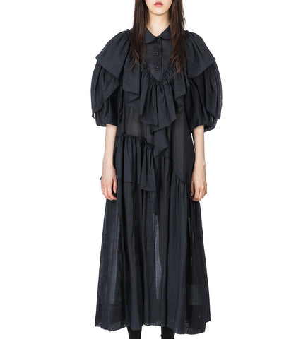 RUFFLE DETAIL PETAL SLEEVE DRESS BLACK