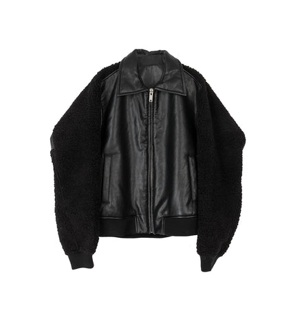 FAUX SHEARLING LEATHER BOMBER JACKET BLACK